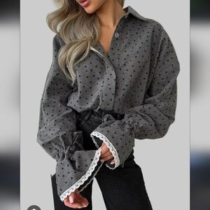 Commense Gray Button Down Shirt with Black Hearts